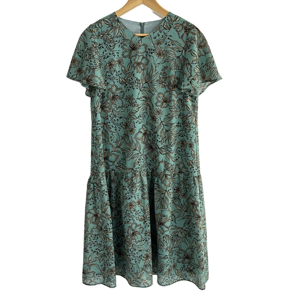 Leilian レリアン ワンピース サイズ9 M レディース ライトグリーン ブラウン ベージュ 半袖 マキシ丈 花柄