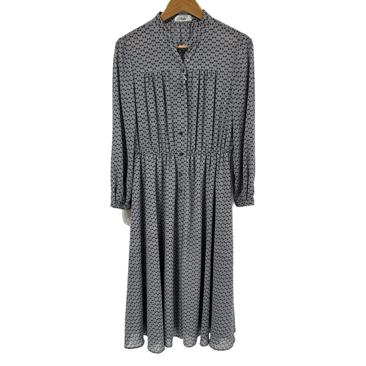Leilian(レリアン) ワンピース サイズ11 M レディース美品 ライトグレー×ネイビー×白 長袖/シャツワンピ/マキシ丈