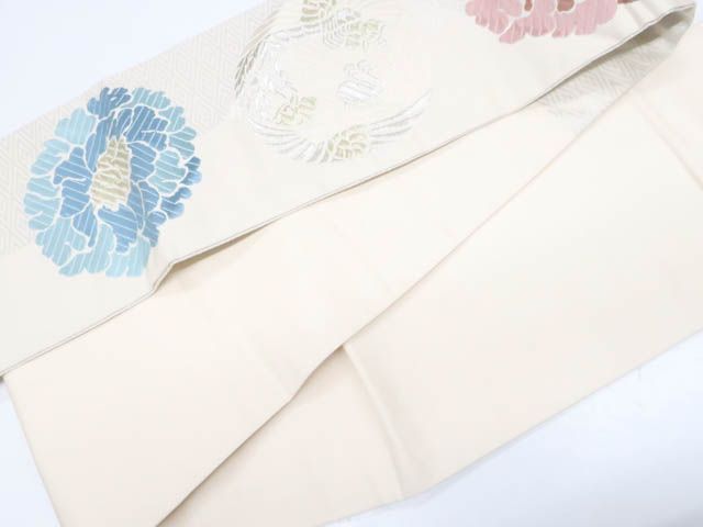 一輝堂】九寸名古屋帯 六通柄 向かい鳥 花 金糸 正絹 25b11-2254