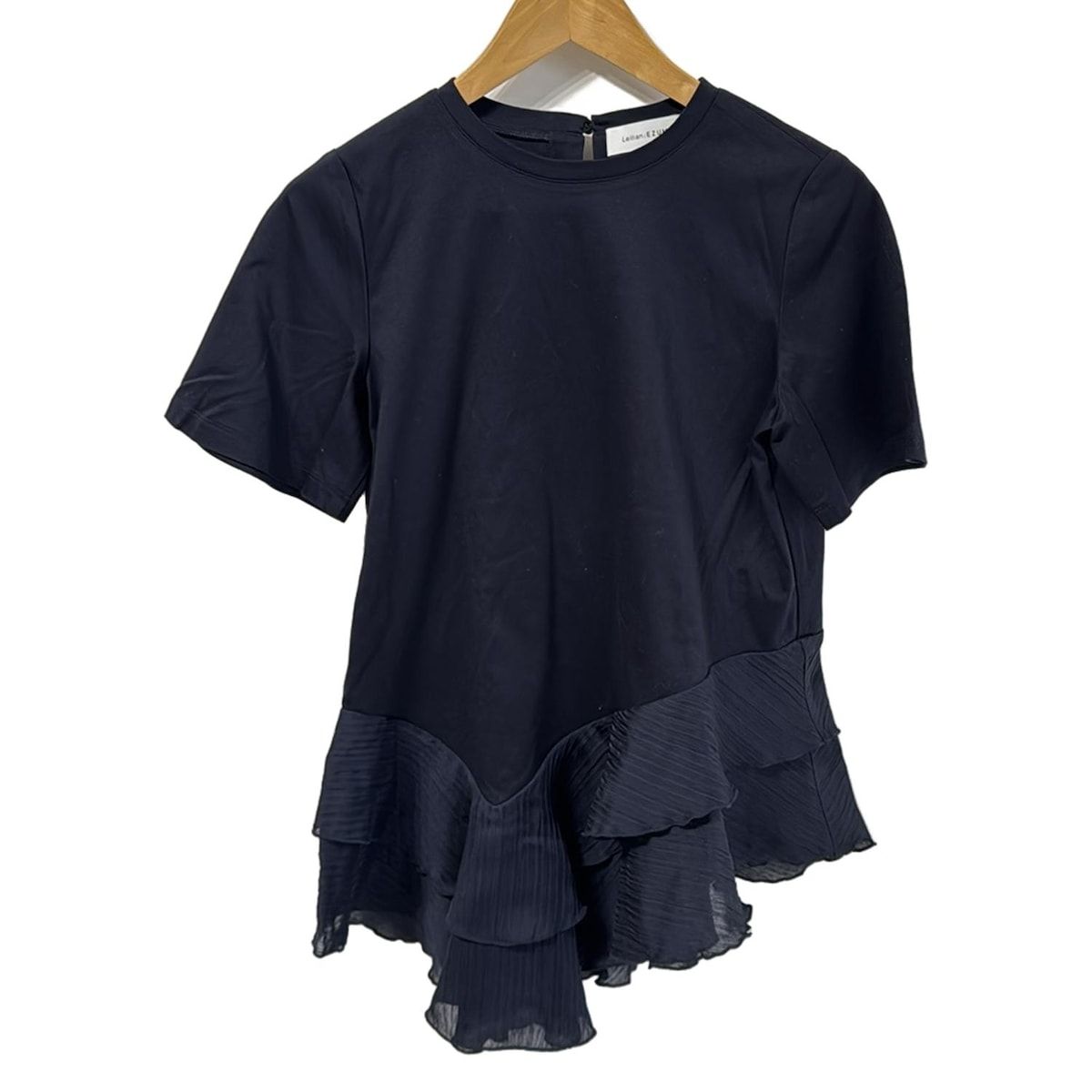 Leilian レリアン チュニック サイズ11 M レディース ダークネイビー クルーネック 半袖 フリル EZUMI