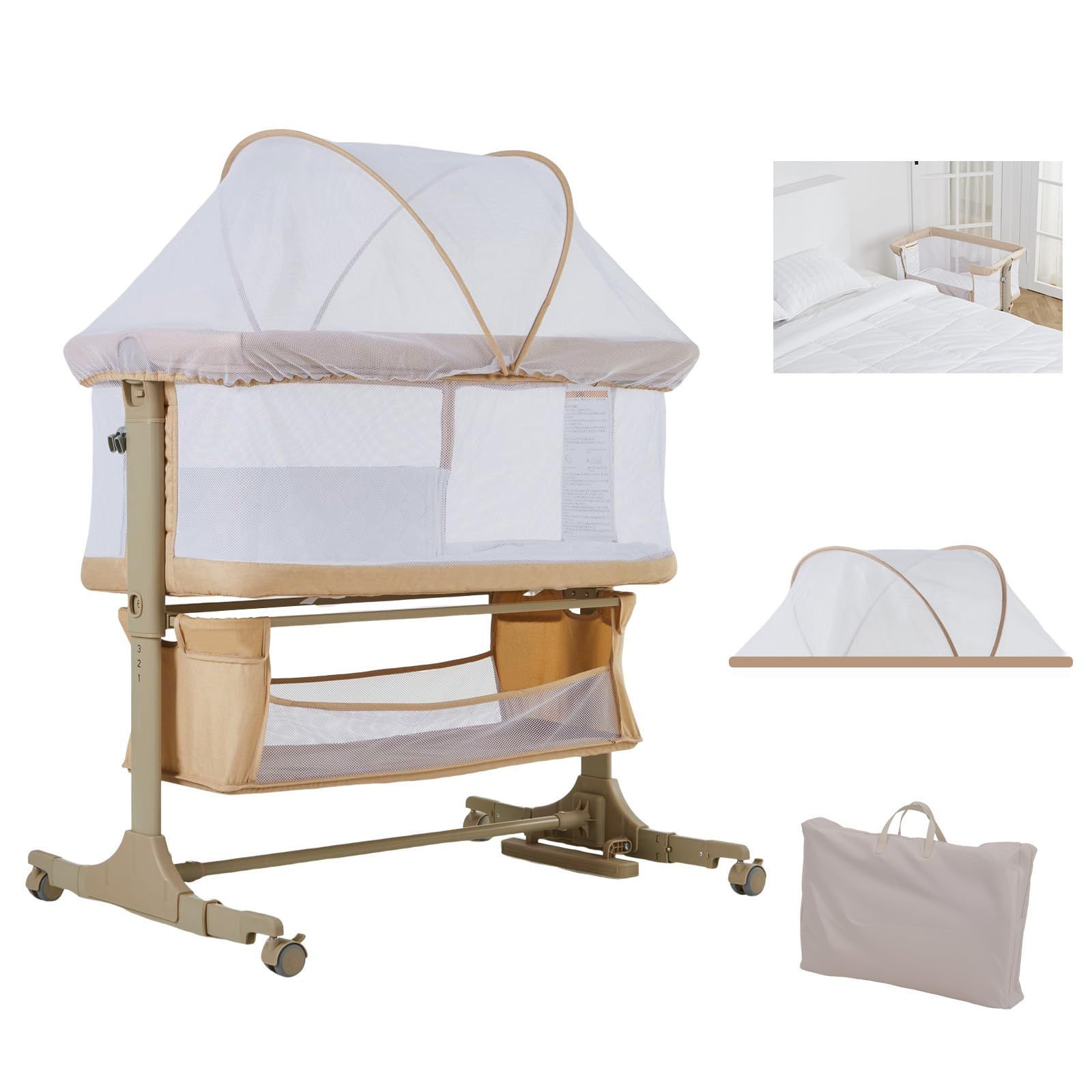 ベビーベッド 添い寝ベッド 高さ6段調節 揺りかご 蚊帳付き 収納バスケット付き キャスタ付き 組み立て簡単 0ヶ月～ 新生児ベッド 幼児 新生児用 出産祝い プレゼント ベージュ