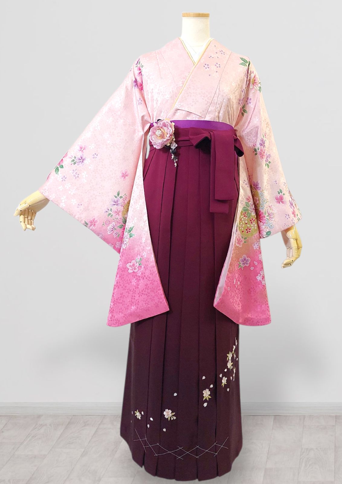 着物 袴 帯 3点セット 卒業式 に レディース袴セット 成人式 卒業式に 華やか和装 ピンク 花柄 桜 地紋 刺繍 95-47