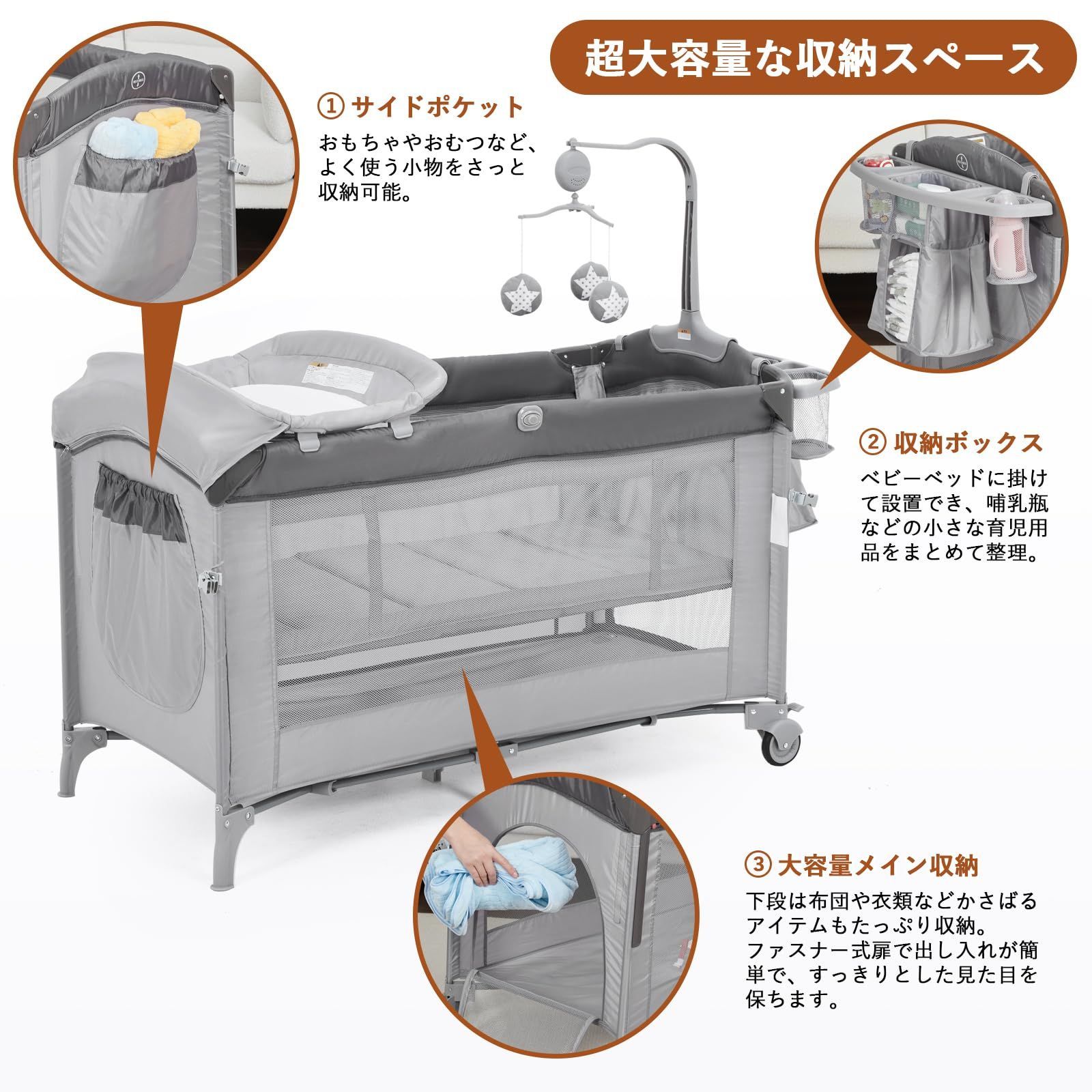 Thinkmax ベビーベッド スリーピングベッド 新生児用ベッド おむつ替え台 折りたたみ式プレイエリア マットレス付き ベビーサークル キャスター付き ポータブルバッグ付き 持ち運び簡単 組み立て簡単 長期使用 ギフト プレゼントに最適