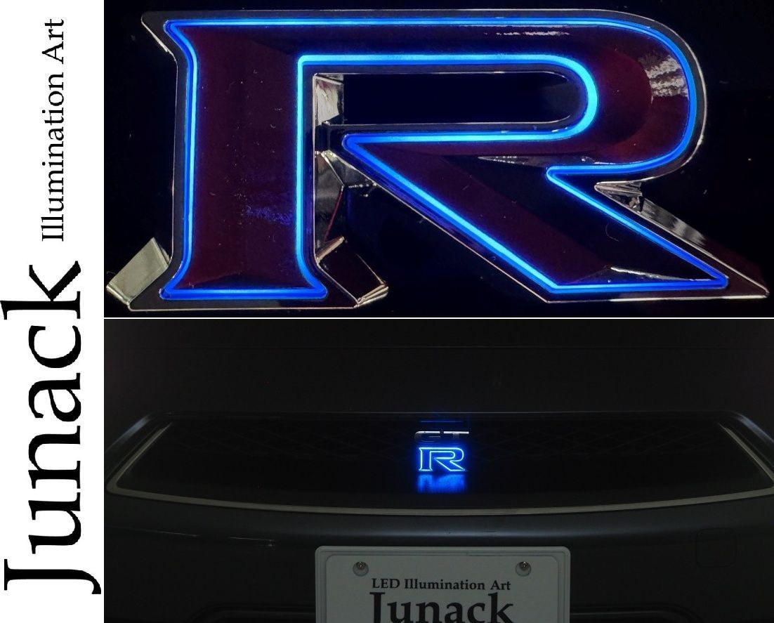 M s R 35 GT DBA 2007 12 2025 8 Junack フロント LEDトランスエンブレムR 輪郭発光 ブルー 青 ジュナック パーツ 部品 カスタム 光る NISSAN GTR LTE 1 OB