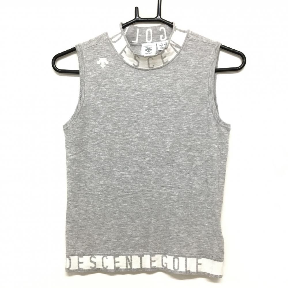 超 デサントゴルフ ノースリーブニット 杢グレー×白 ネック 裾ロゴ 中田英寿 レディース M ゴルフウェア モデル DESCENTE