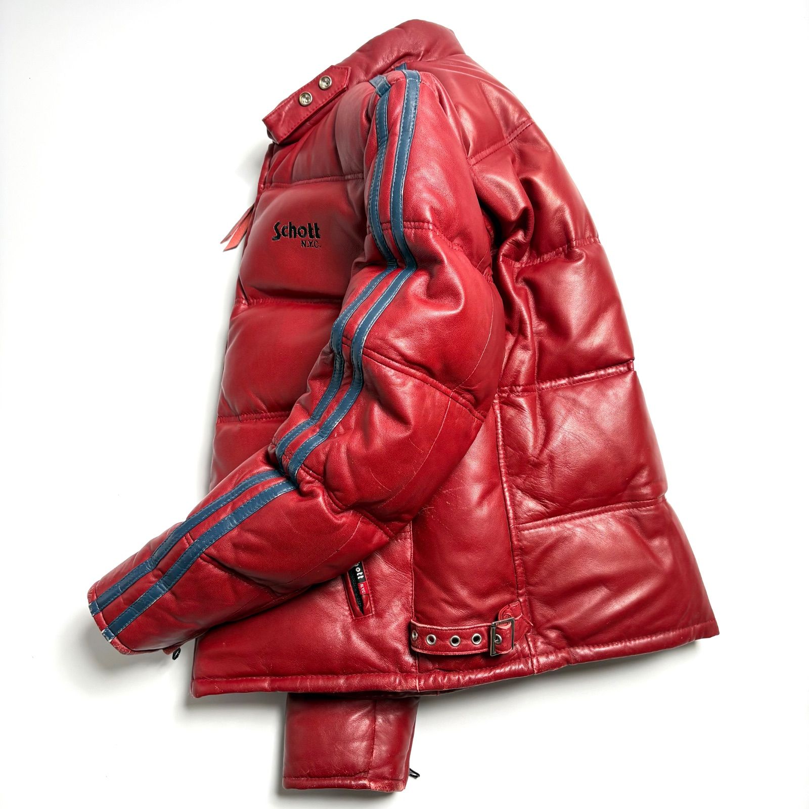 美品■schott ダウンジャケット　モーターサイクル　羊革　レッド　M 羊革】Schott レザー ダウンジャケット 赤 M モーターサイクル 本革