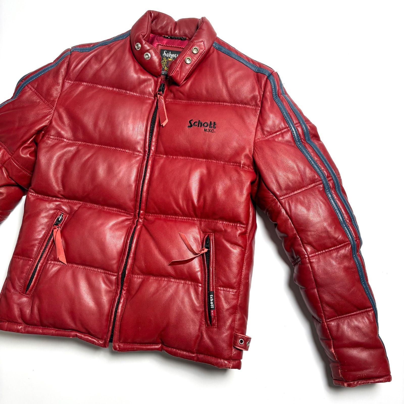 羊革】Schott レザー ダウンジャケット 赤 M モーターサイクル 本革