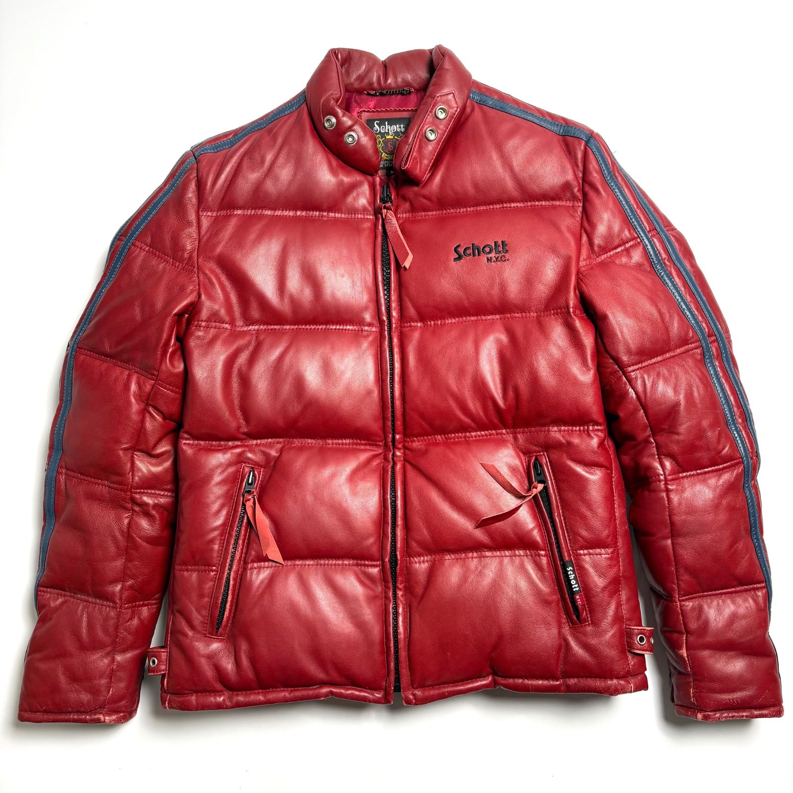 羊革】Schott レザー ダウンジャケット 赤 M モーターサイクル 本革