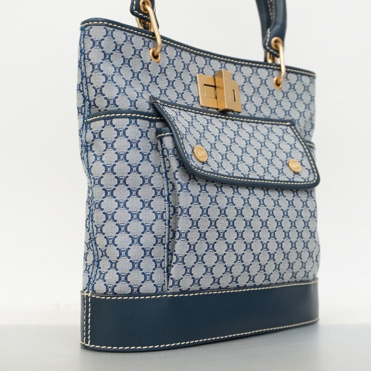 5of6342】セリーヌ トートバッグ マカダム キャンバス ブルー ゴールド