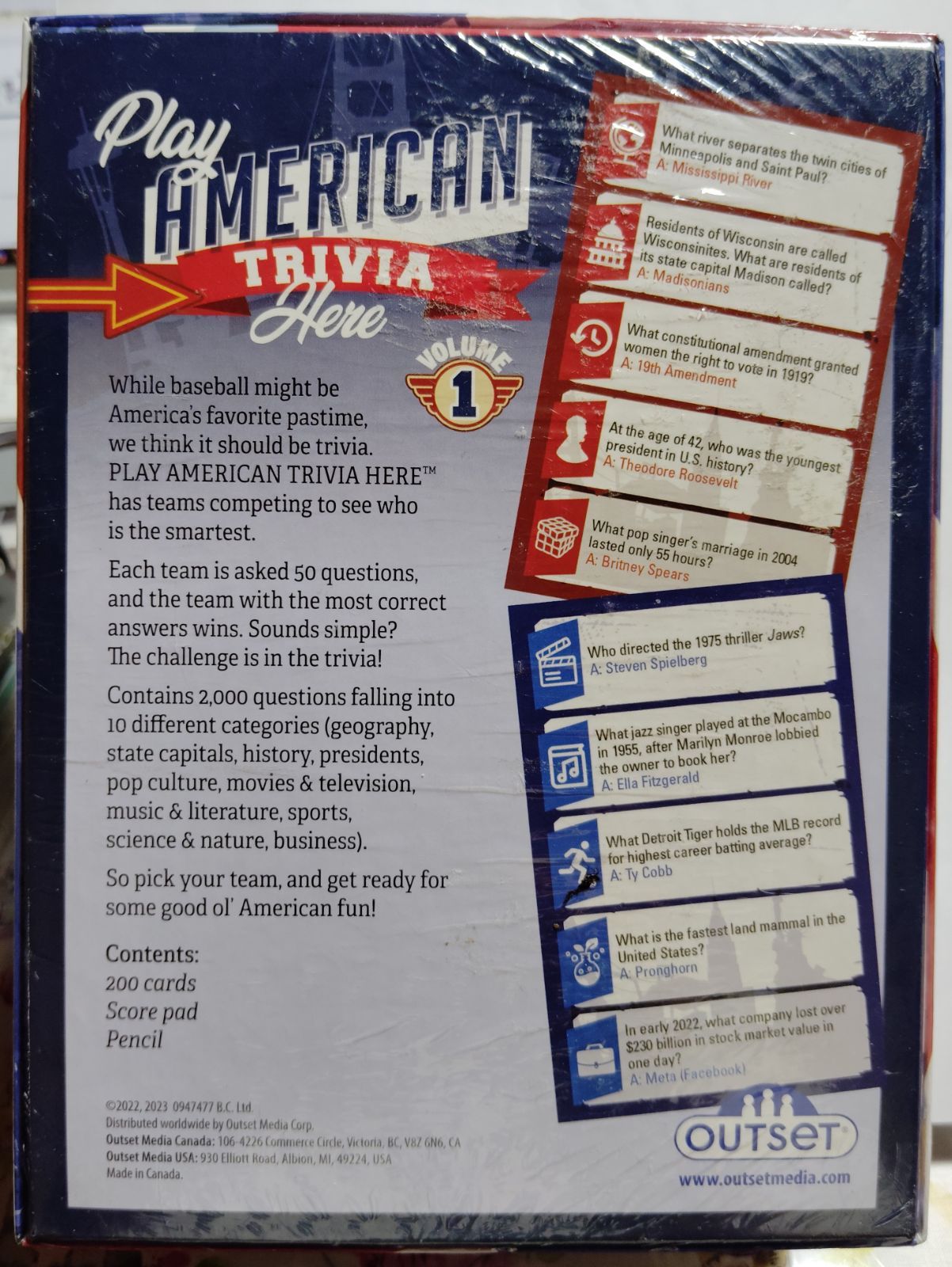 ボードゲーム 英語 アメリカ Outset Media Play American Trivia Here The Themed Party Game アメリカをテーマにした12歳以上向けパーティゲーム