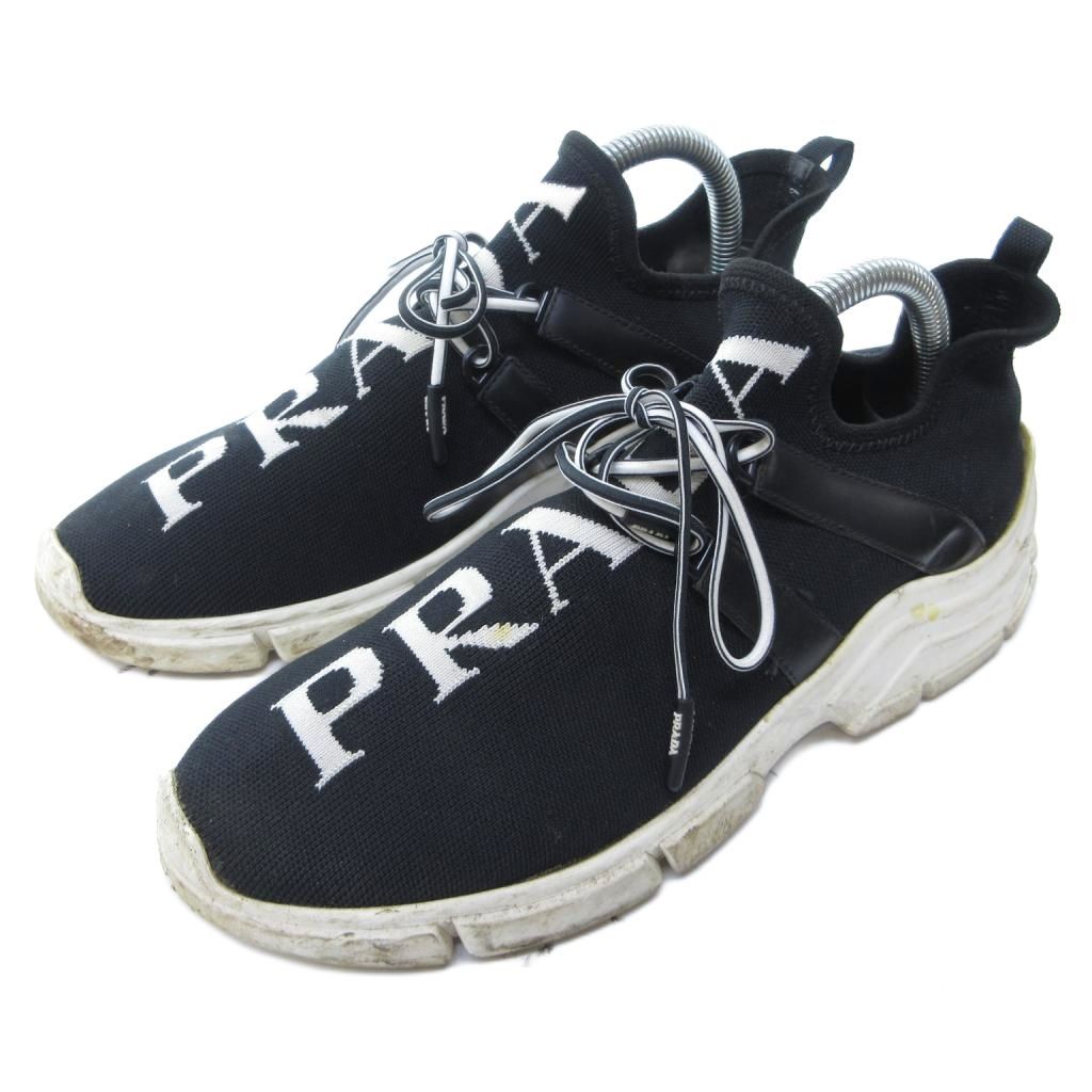【中古】プラダ PRADA ニット ファブリック スニーカー スリッポン ローカット ロゴ 黒 ブラック 約23cm IBO81 プラダ PRADA ニット ファブリック スニーカー スリッポン ローカット