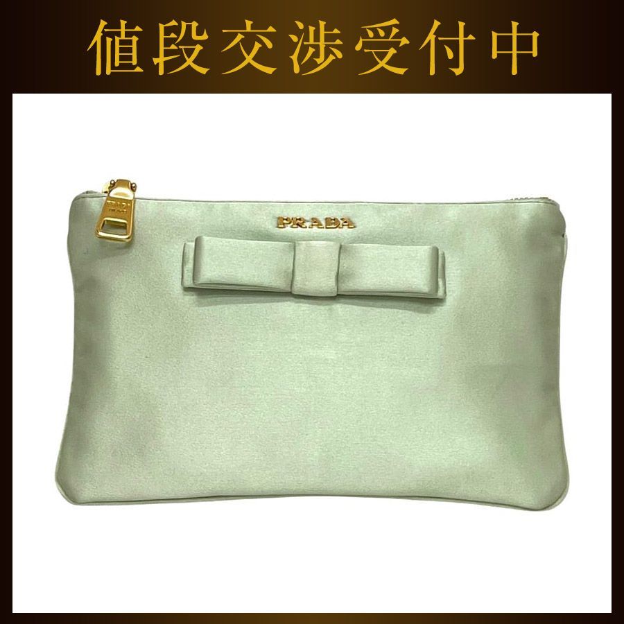 プラダ ポーチ ライトグリーン 美品 サテン 中古 210 PRADA リボン