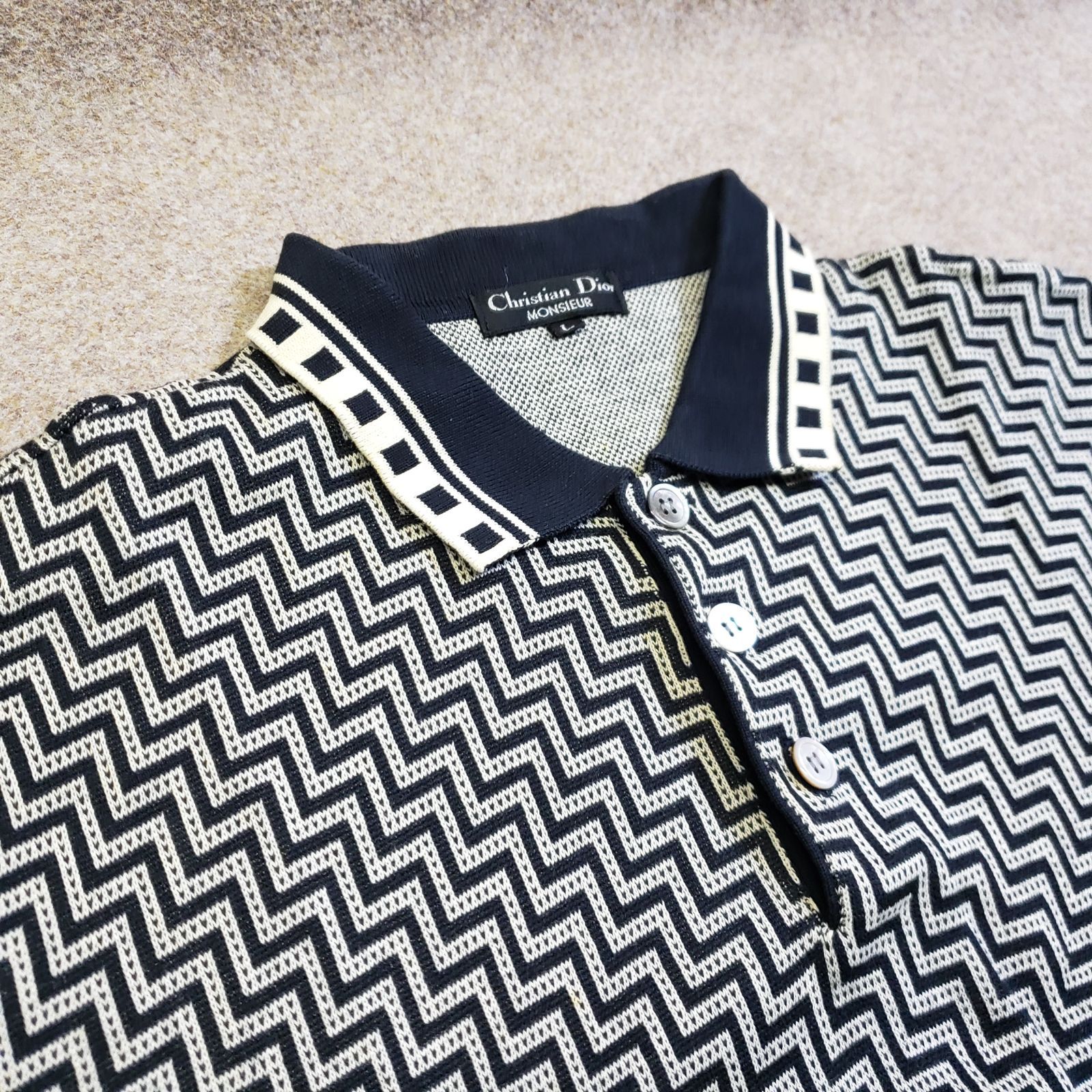 Christian Dior MONSIEUR ポロシャツ ジグザグ柄 ネイビー系×ホワイト