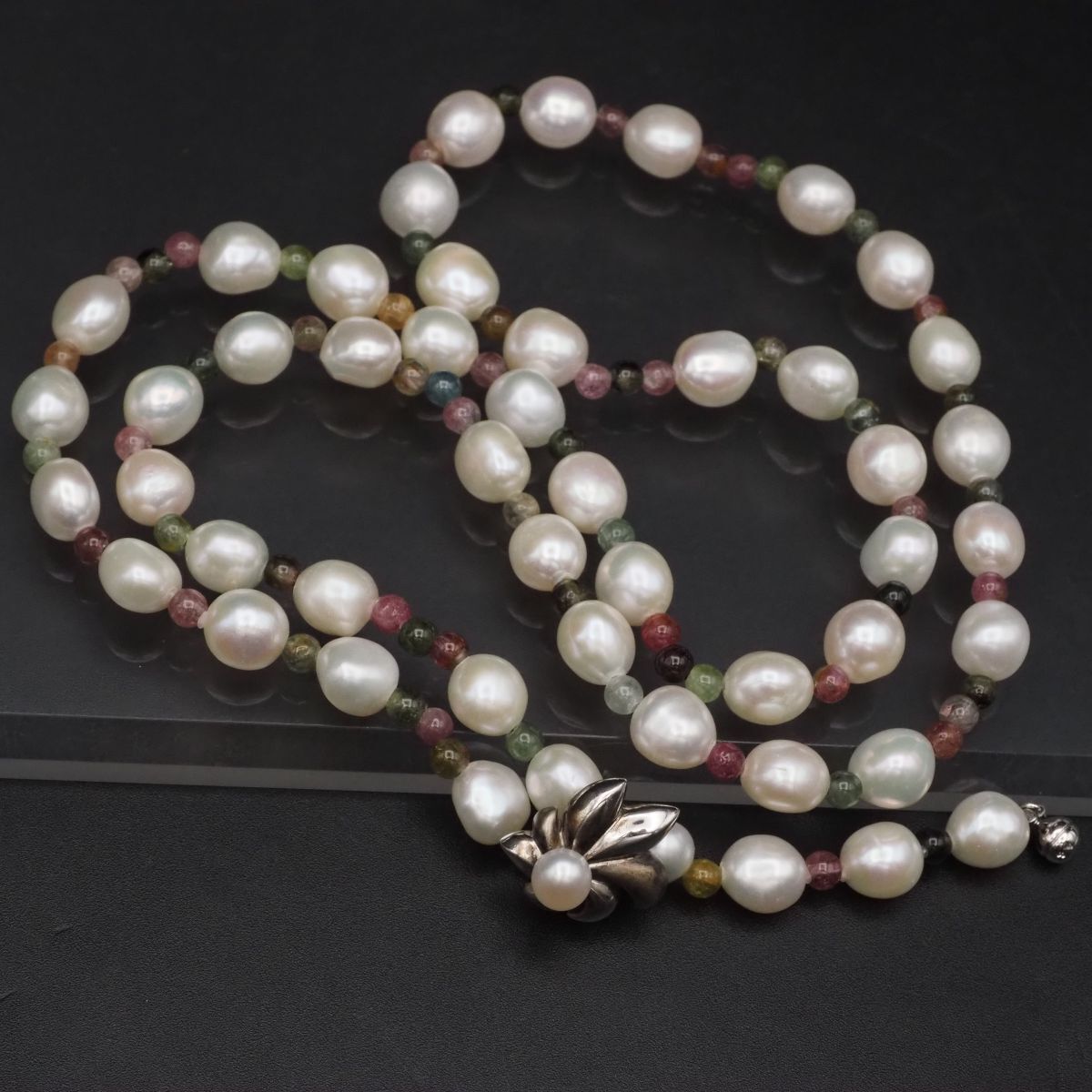 淡水真珠　パール　トルマリン　ネックレス G020 淡水真珠 パール トルマリン SILVER刻印 ネックレス マルチカラー