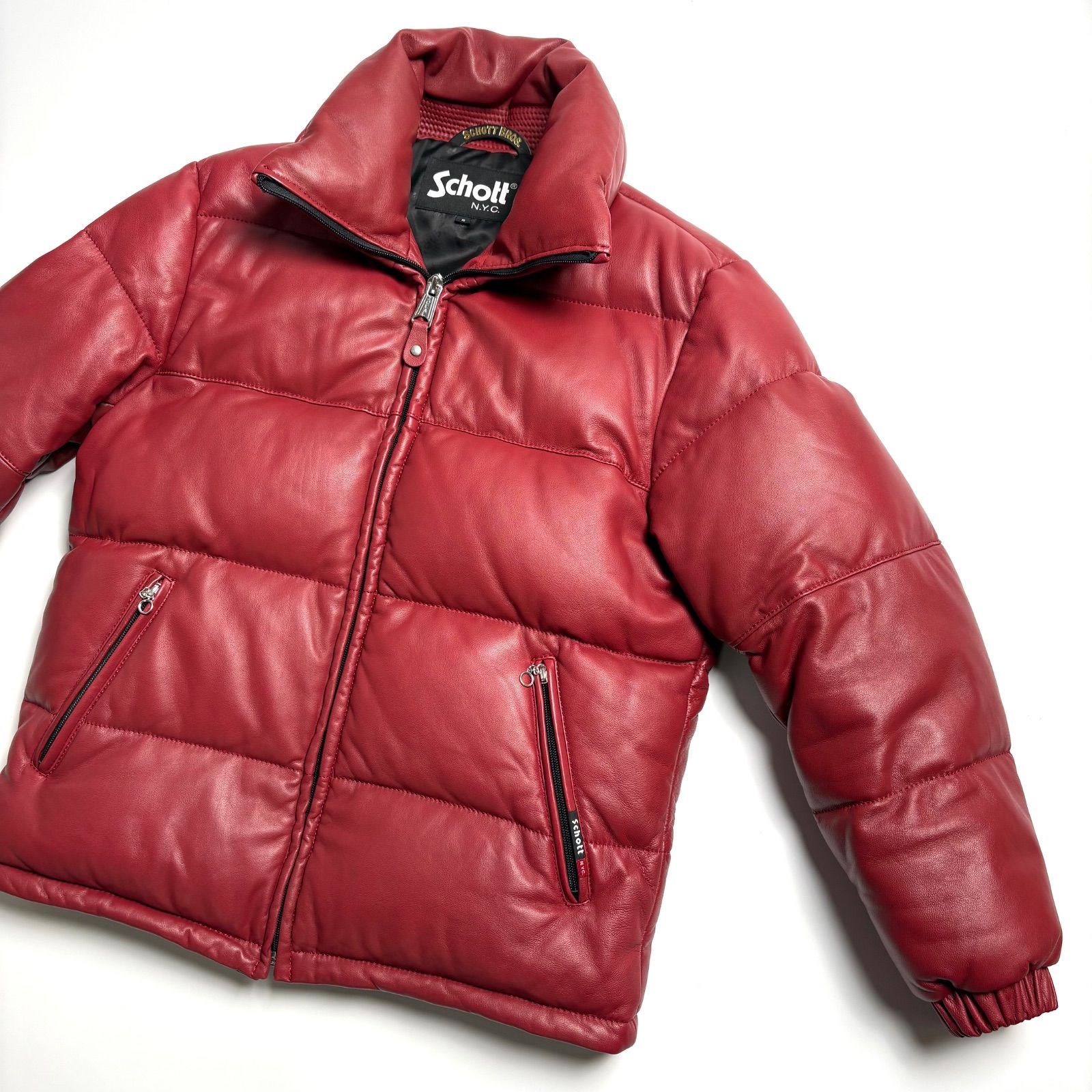 schott レザートラックジャケット S レッド 羊革 美品/希少カラー□schott トラックジャケット ラムレザー 羊革 レッド