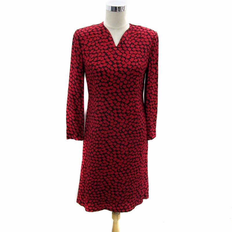 ジュンアシダ jun ashida ワンピース ミモレ丈 長袖 Vネック 総柄