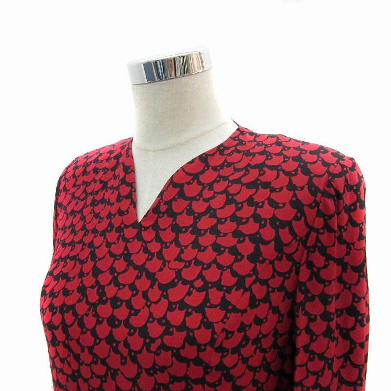 ジュンアシダ jun ashida ワンピース ミモレ丈 長袖 Vネック 総柄