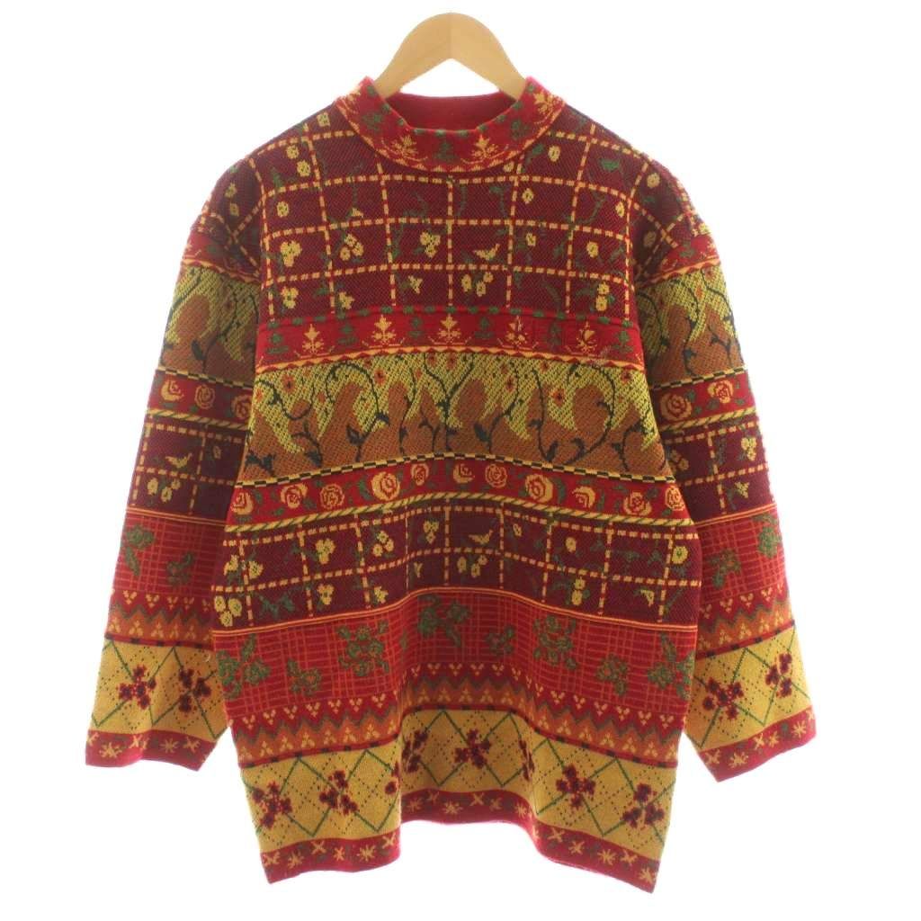 ケンゾー KENZO golf ニット セーター 長袖 総柄 刺繍 ウール F 赤