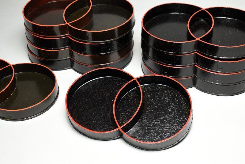 蔵A 4380 木製柿合塗 輪ちかい盆 弁当箱 十客 木箱入