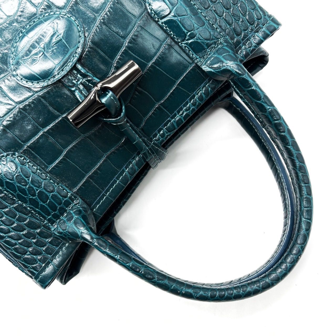 美品 ロンシャン 389 ロゾ ショルダーバッグ クロコ型押し レザー グリーン ロンシャン ロゾ ショルダーバッグ クロコ型押し レザー グリーン