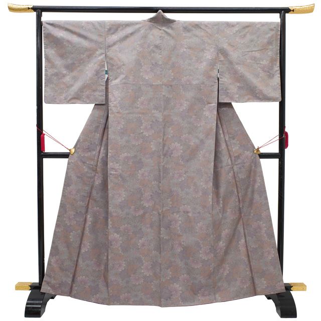 すごい値 本場大島紬 着物 正絹 袷 横双 灰紫 淡茶色 菊 花 織絣 カジュアル やまと扱い 仕立て上がり 身丈165 裄丈68 Ｌサイズ 春 秋 冬 普段着 リサイクル すごいね みやがわ nek 01563