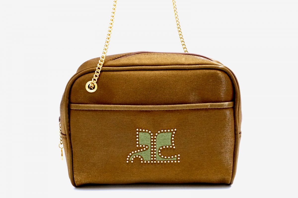 クレージュ ヴィンテージ チェーン ミニ ショルダーバッグ ポシェット ポーチ ロゴ スタッズ 光沢サテン 茶 ブラウン Courreges 4595 h