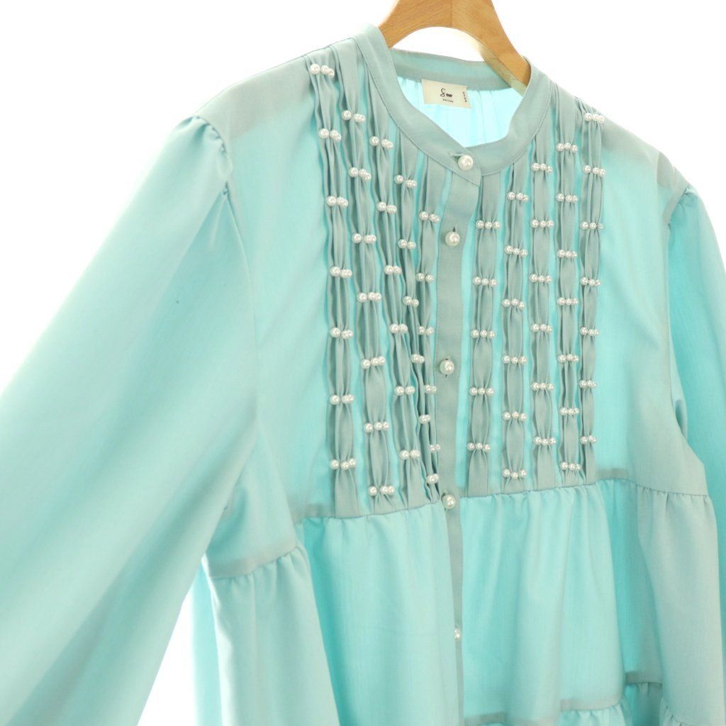 【中古】ソーノ SONO 24年 ビジューパールティアードフレアブラウス シルク混 F スモークグリーン /ES ■OS ソーノ SONO 24年 ビジューパールティアードフレアブラウス シルク混 F