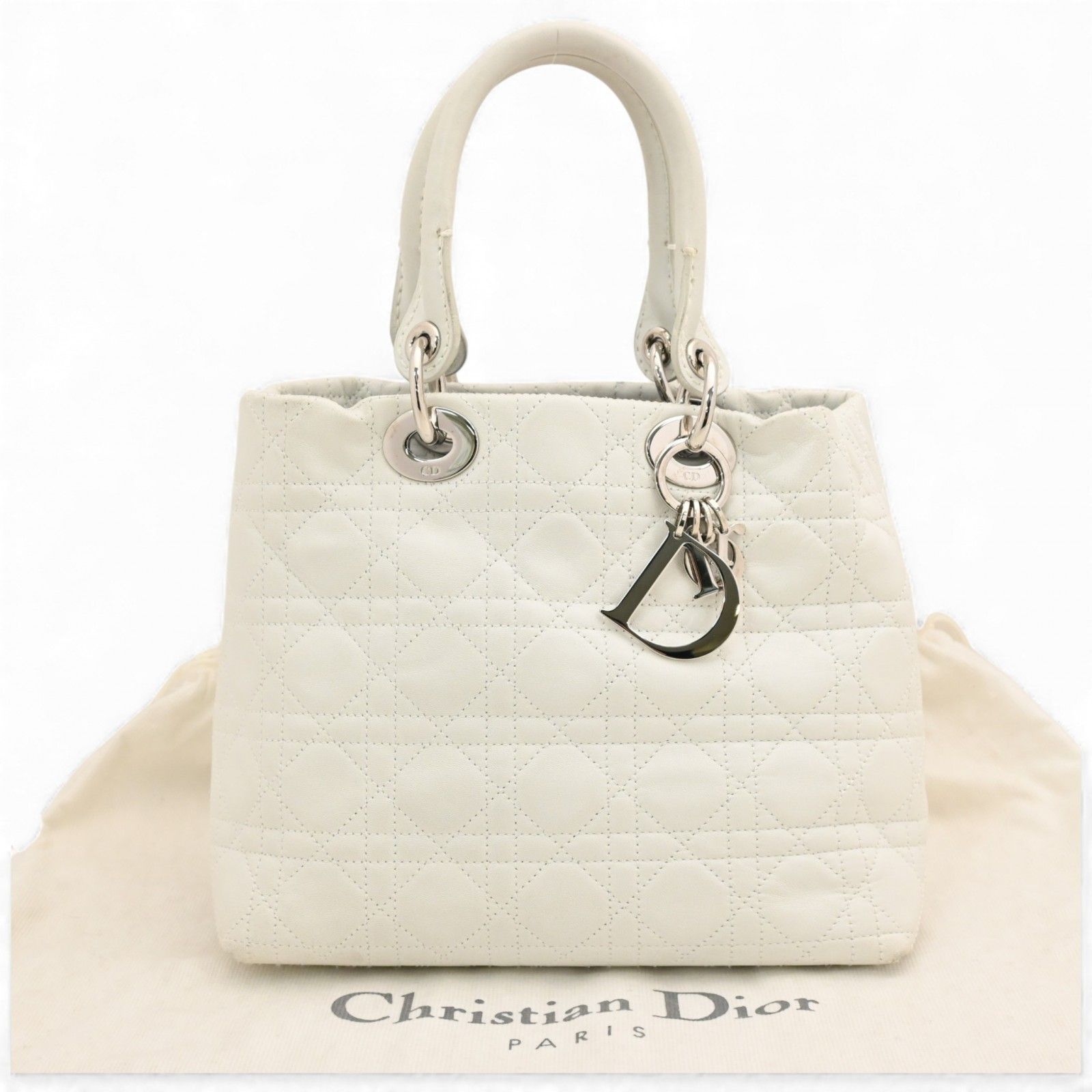 DIOR レディーディオール カナージュ ハンドバッグ ホワイト Bランク