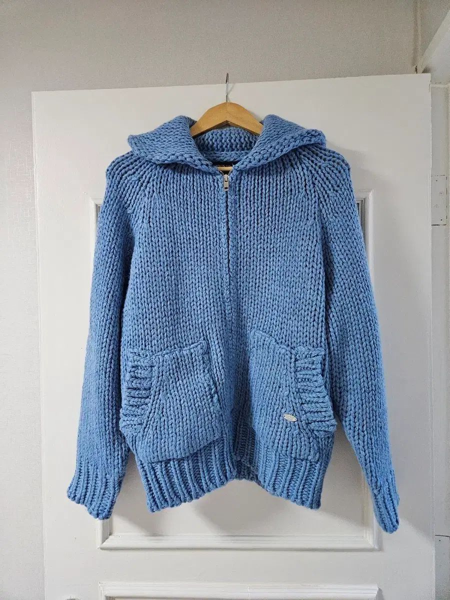 RONRON ショール ハンドメイド セーター スカイブルー 厚手 ニット ジップアップ HANDMADE