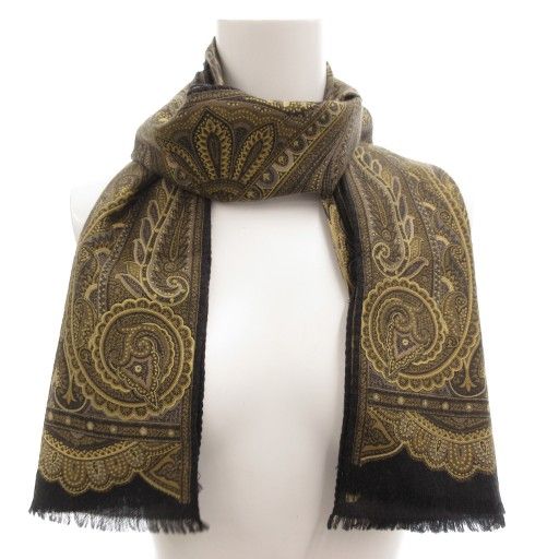 エトロ ETRO ショール ストール ペイズリー柄 ウール シルク えんじ 黒 エトロ ETRO スカーフ ストール フリンジ ペイズリー柄 ウール シルク