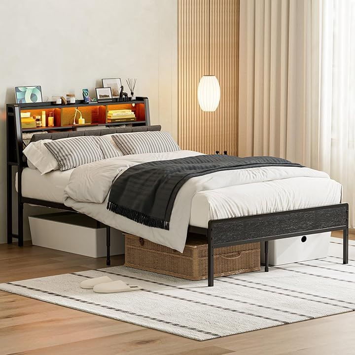 IKIFLY ベッドフレーム ファブリックベッド 収納宮棚付き パイプベッド セミダブルベッド スチールベッド 2段階高さ調整 布張り 静音 通気性 頑丈 カビ防止 安定性 ブラック セミダブル