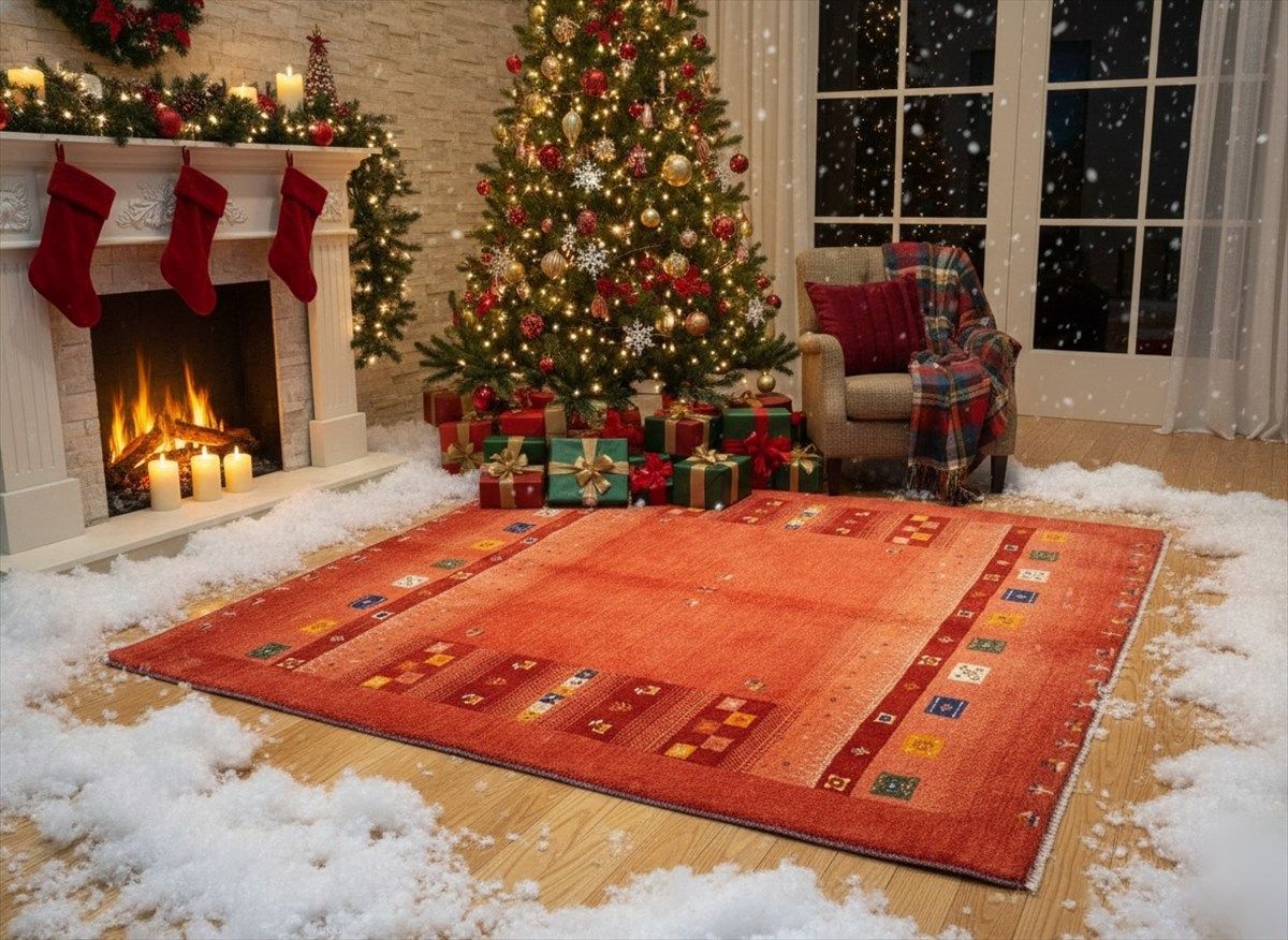 ペルシャ ギャッベ リビングサイズ ラグ 198 x 155㎝ 桃色 茜色 生命の木 ヤギ 羊 パネル RJ 11356