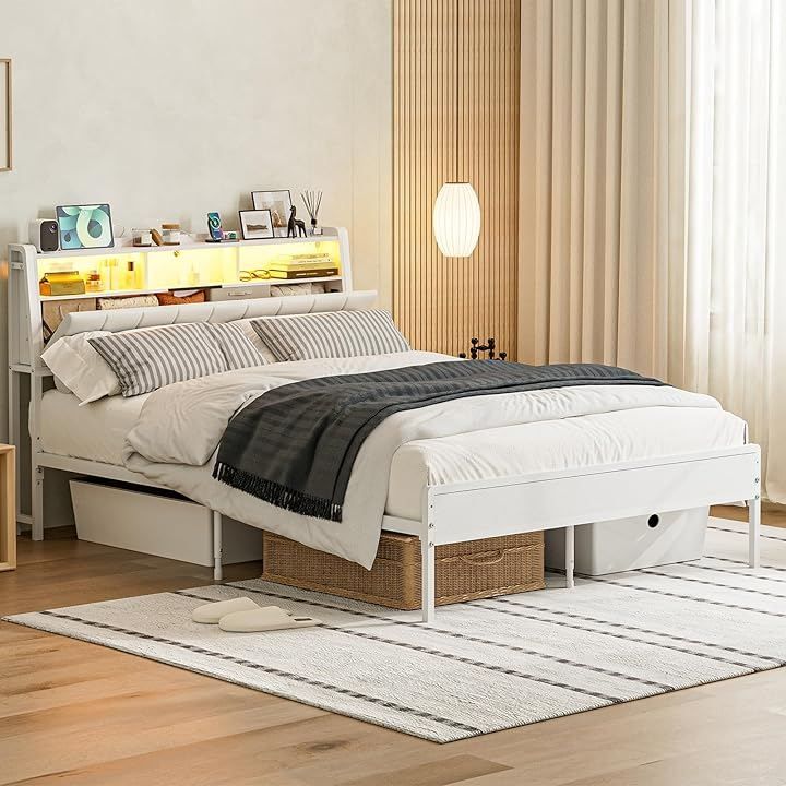 IKIFLY ベッドフレーム ダブルファブリックベッド 収納宮棚付き パイプベッド スチールベッド 革張りのベッド高さ調整 布張り 通気性 頑丈 カビ防止 安定性 耐久性 ホワイト ダブル