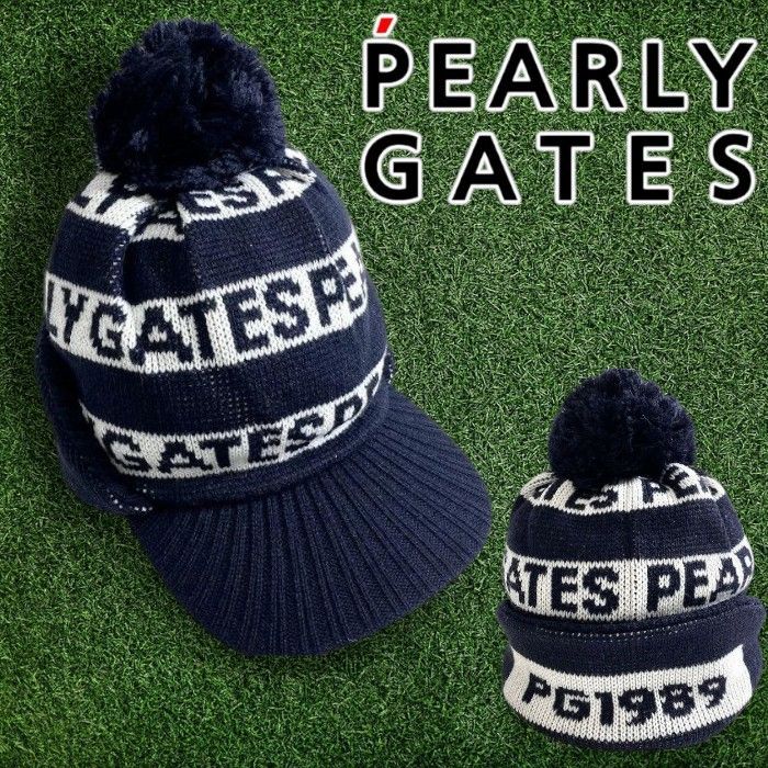 PEARLY GATES パーリーゲイツ ゴルフ ウール混ジャガード ロゴボーダー柄 総柄 ポンポン付き 耳当て ブリムニットワッチ ニット帽 帽子 053 2187005 定価1万 ネイビーブラック ホワイト FR 012 51126 w 04