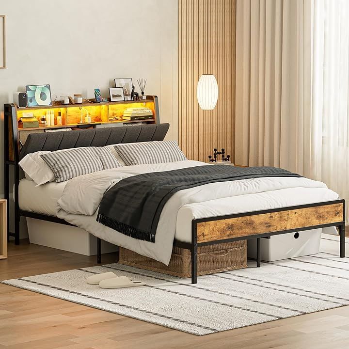 IKIFLY ベッドフレーム ファブリックベッド収納宮棚付き パイプベッド ダブルベッド スチールベッド 2段階高さ調整 布張り 静音 通気性 頑丈 カビ防止 安定性 耐久性 ビンテージ ダブル