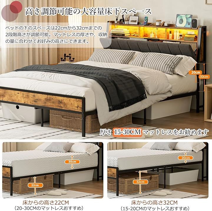 寝具 IKIFLY ベッドフレーム シングル ファブリックベッド収納宮棚付き