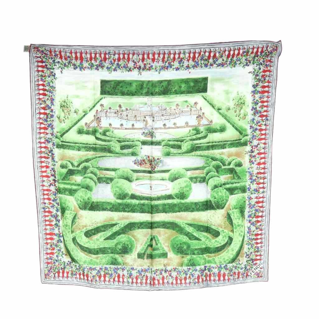 フェンディ FENDI 大判スカーフ ストール 庭 総柄 ロゴ 絹 シルク