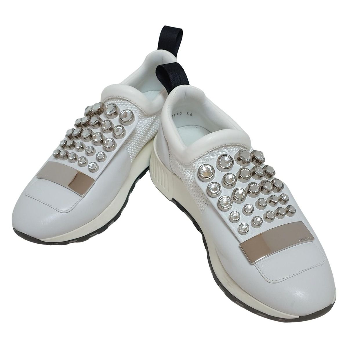 sergio rossi セルジオロッシ スリッポン 36 レディース - 白×シルバー×黒 ラインストーン インソール取外し可 レザー
