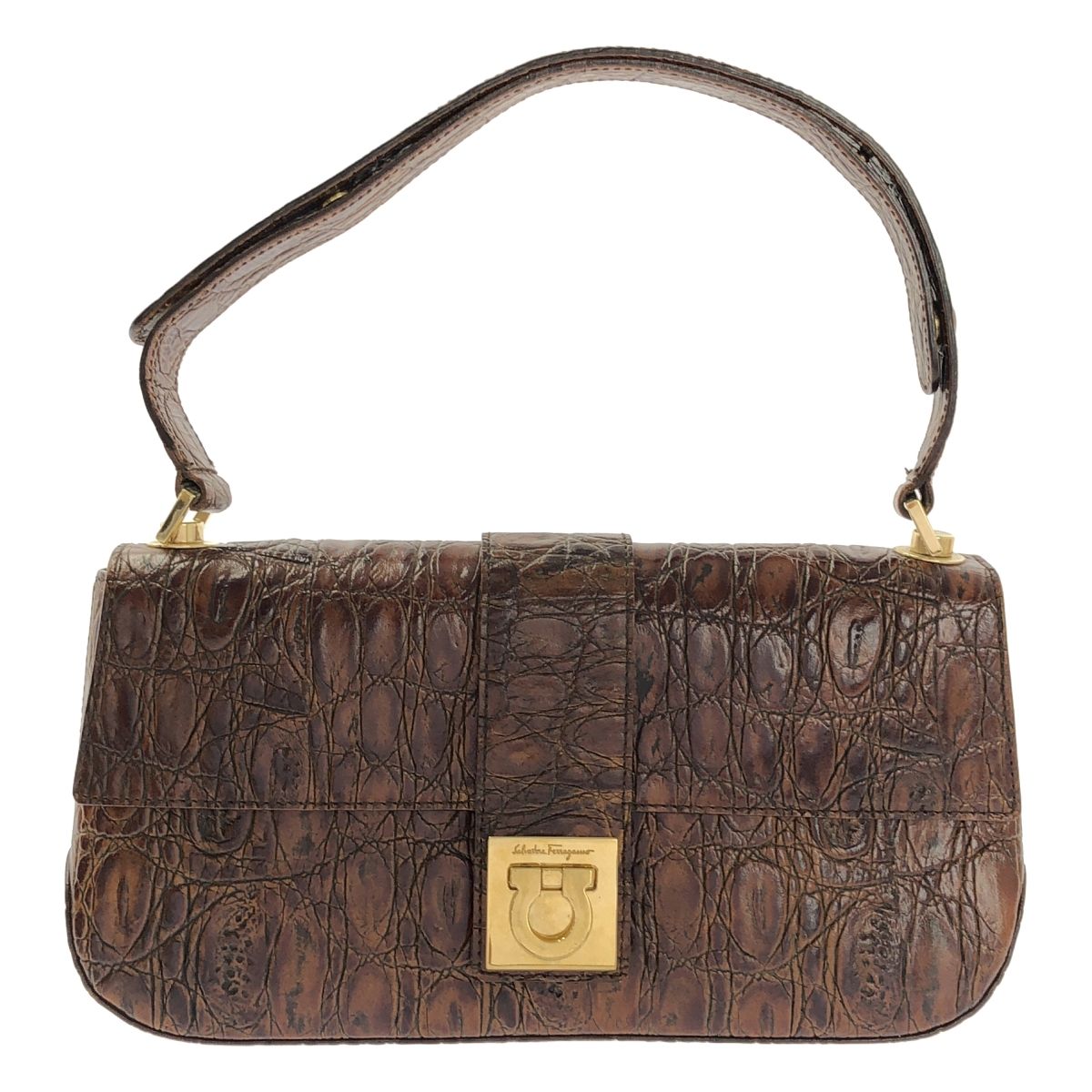 Salvatore Ferragamo サルヴァトーレフェラガモ クロコ型押し レザー ガンチーニ ハンドバッグ ブラウン ゴールド レディース