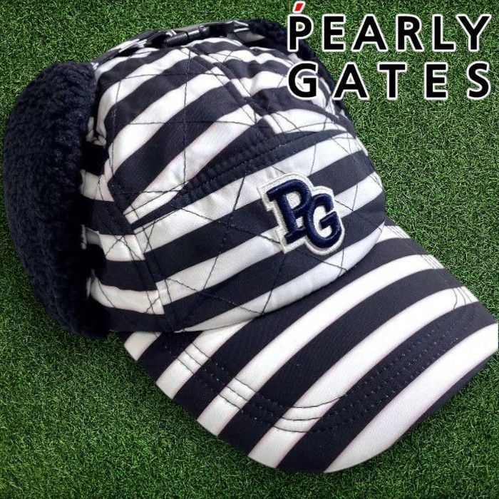 PEARLY GATES パーリーゲイツ ゴルフ 保温×発熱 HEAT WARM もこもこボア ボーダー柄 耳当て付き パイロットキャップ 帽子 ユニセックス 053-2287102 定価9千 ダークネイビー ホワイト FR 010 51127 w 01