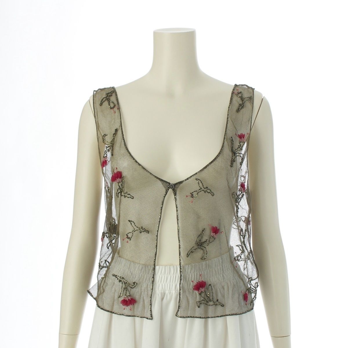 プラダ 1997 F W ビーズお花刺繍 シアー ベスト 前開き トップス カーキ マルチ 40