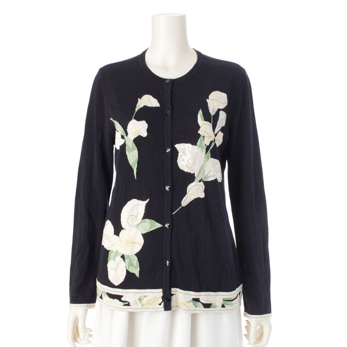 【大きいサイズ】レオナール　パンチング 花柄 コットンブラウス カーディガン レオナール 花柄 装飾 スパンコール カーディガン トップス ネイビー