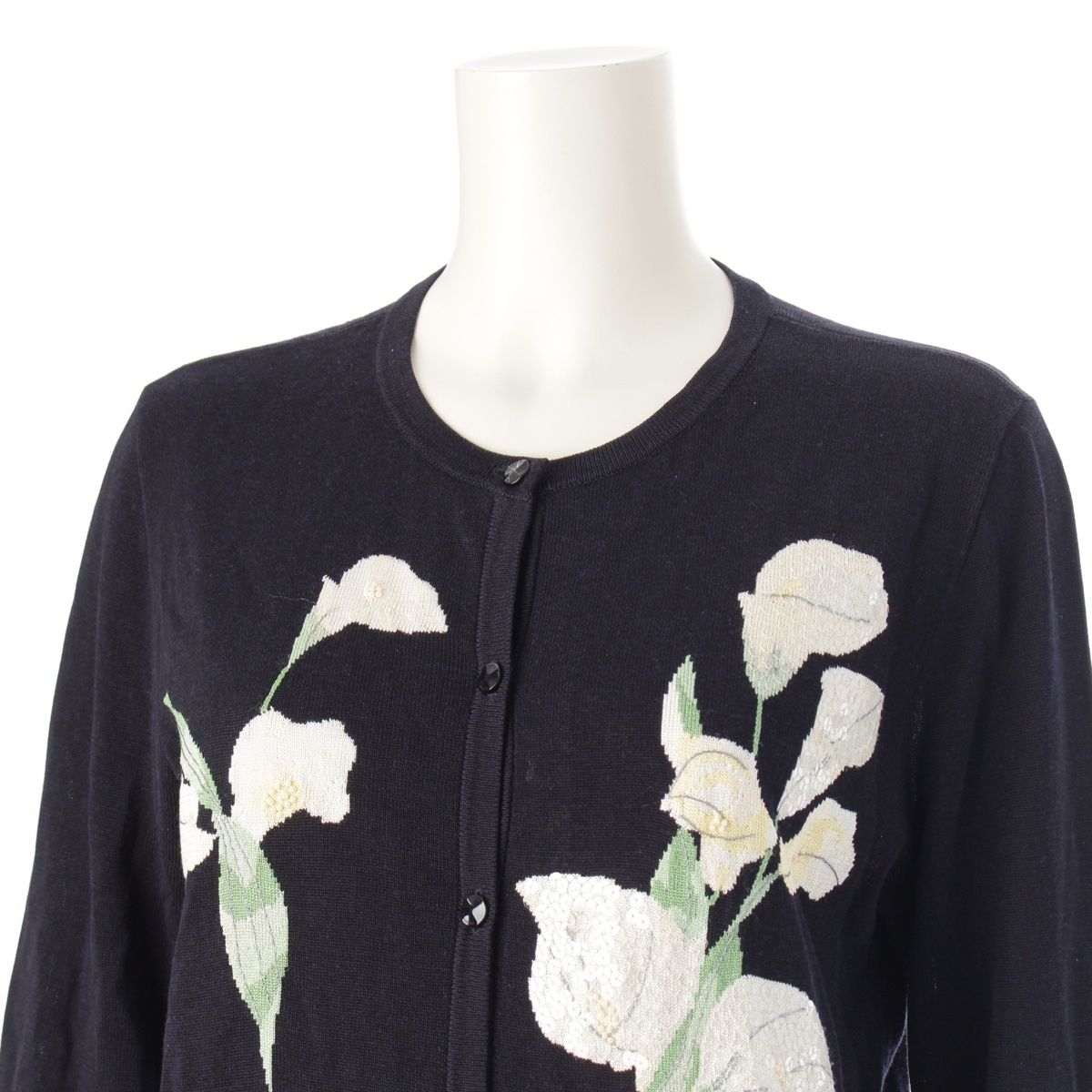 レオナール 花柄 装飾 スパンコール カーディガン トップス ネイビー