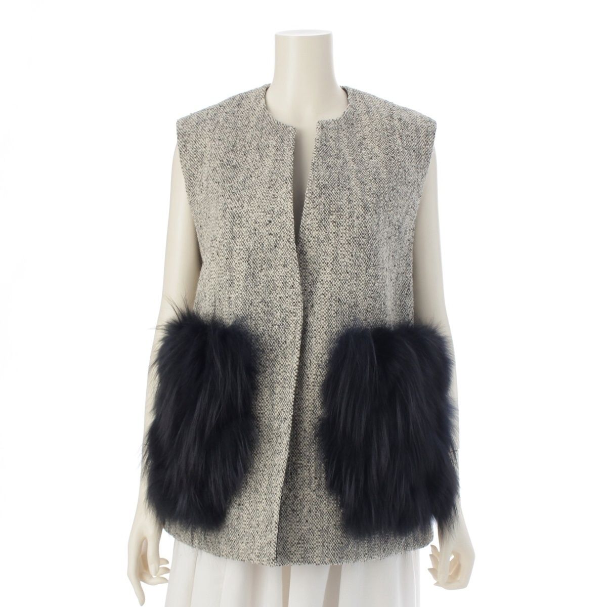 ドゥロワー 24 AW ウール ポケット ファー ジレ ベスト 6522-299-0885 ブラック 36