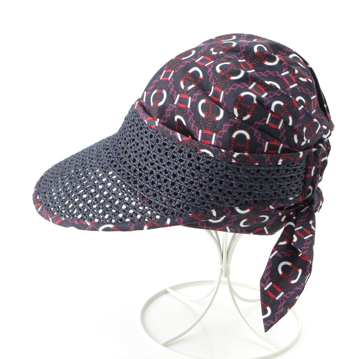 エルメス ラフィア コットン ジェミニ 帽子 キャップ ネイビー【中古