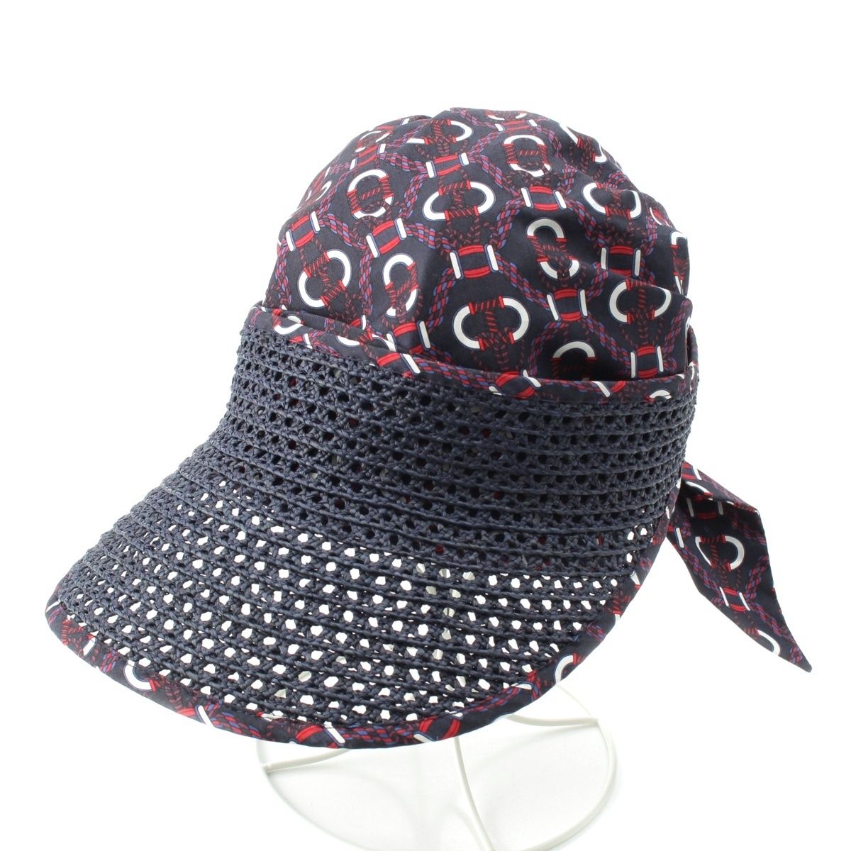 エルメス帽子 ネイビーリボン エルメス ラフィア コットン ジェミニ 帽子 キャップ ネイビー【中古