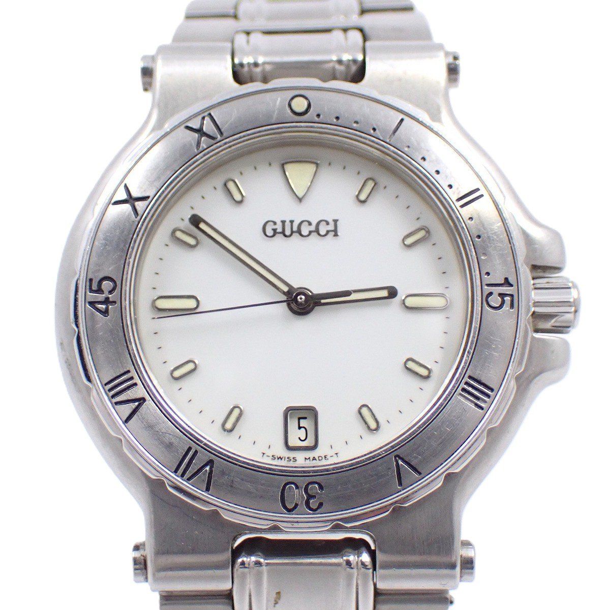グッチ 9700M ダイバー型 クォーツ メンズ 腕時計 白文字盤 純正SS