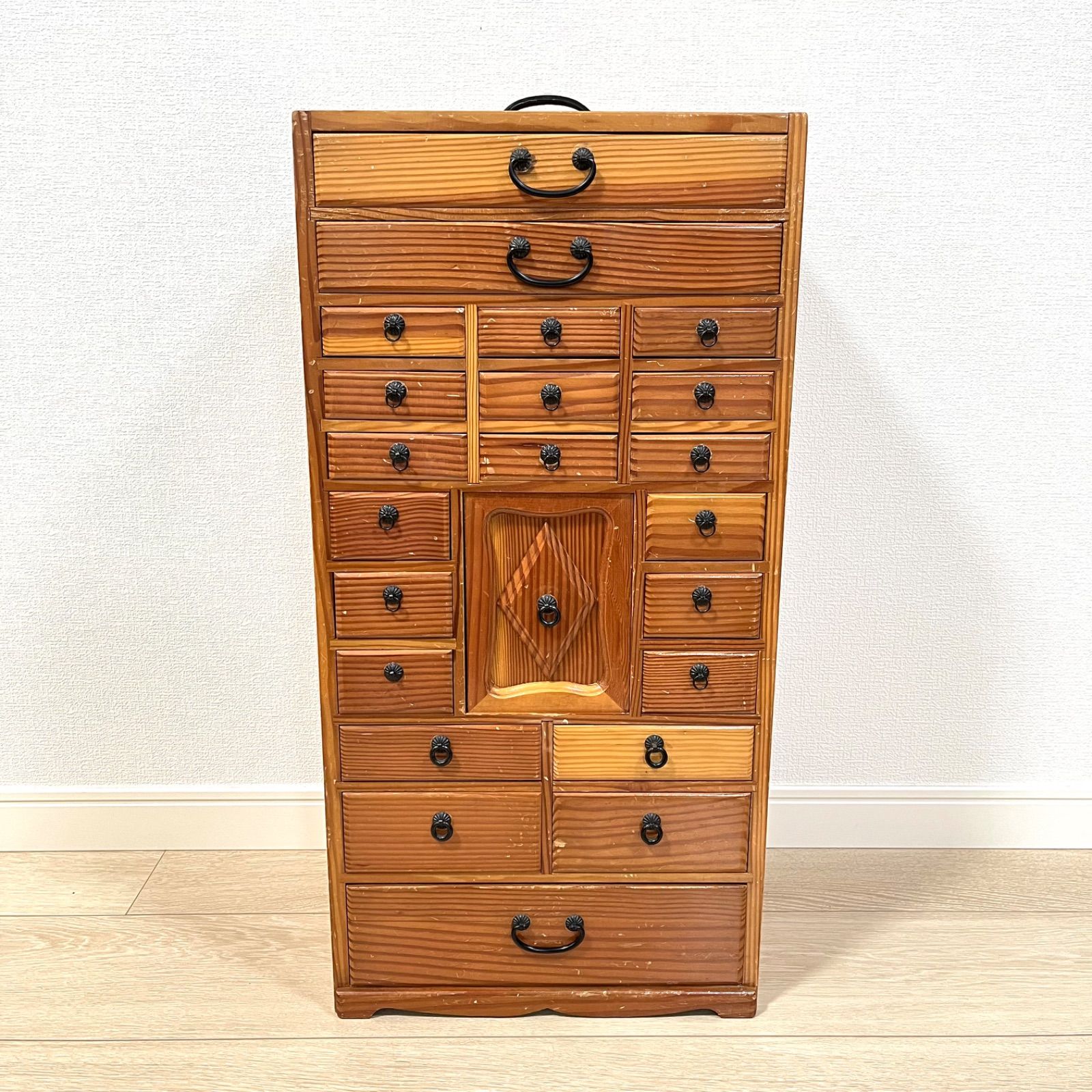 古道具、レトロ、引き出し小物入れ ち29【古道具】薬棚 木製 多段チェスト 22杯 引き出し 小物入れ レトロ