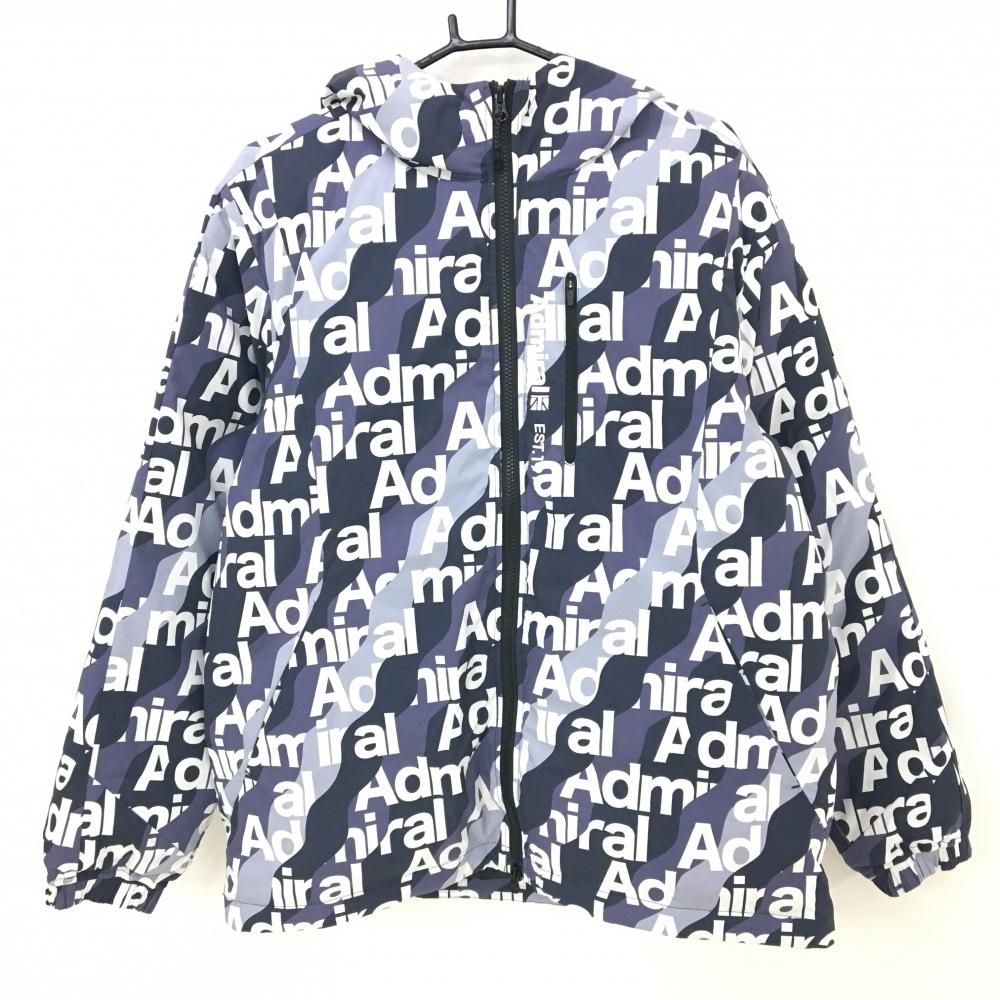 アドミラル フード付き中綿ジャケット ネイビー 白 英字ロゴ総柄 ファスナー横プリント メンズ LL ゴルフウェア Admiral
