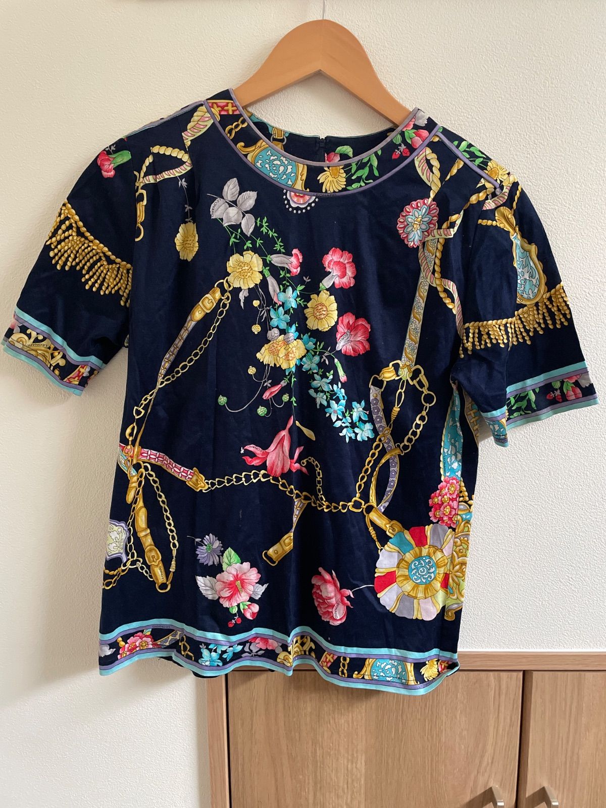 LEONARDレオナール綿ウール100%半袖花柄チェーンプリントブラウスLL